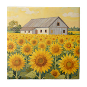 Sunflower Field Rustic Barn Landscape Ceramic Tile