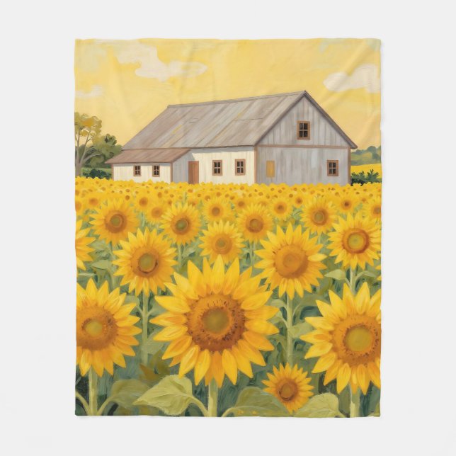 Sunflower Field Rustic Barn Landscape Fleece Blanket (Front)
