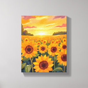 Sunflower Field Sunset Landscape Painting Canvas Print