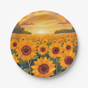 Sunflower Field Sunset Landscape Painting Paper Plate