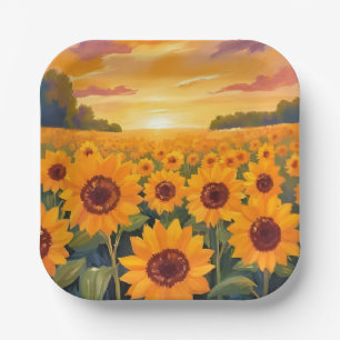Sunflower Field Sunset Landscape Painting Paper Plate