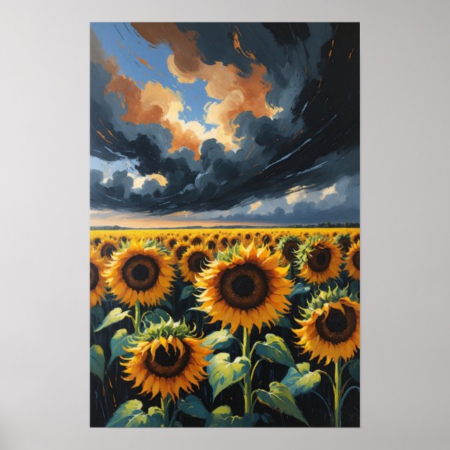 Sunflower Field Under Dramatic Sky Landscape Paint Poster (Front)