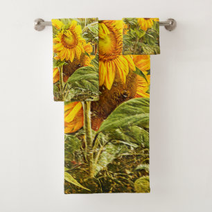 Sunflower Field Vintage Green Yellow Country Bath Towel Set