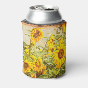 Sunflower Field Vintage Summer Green Yellow Rustic Can Cooler