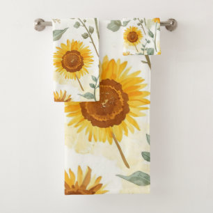 Sunflower Field Watercolor Painting Floral Yellow Bath Towel Set