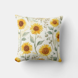 Sunflower Field Watercolor Painting Floral Yellow Cushion