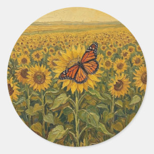 Sunflower field with Monarch Butterfly Classic Round Sticker