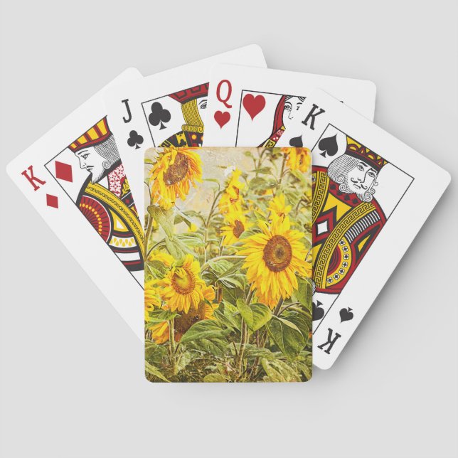 Sunflower Field Yellow Green Rustic Vintage Playing Cards (Back)
