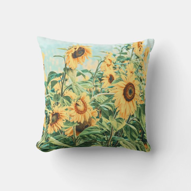 Sunflower Field Yellow Teal Floral Art Cushion (Front)