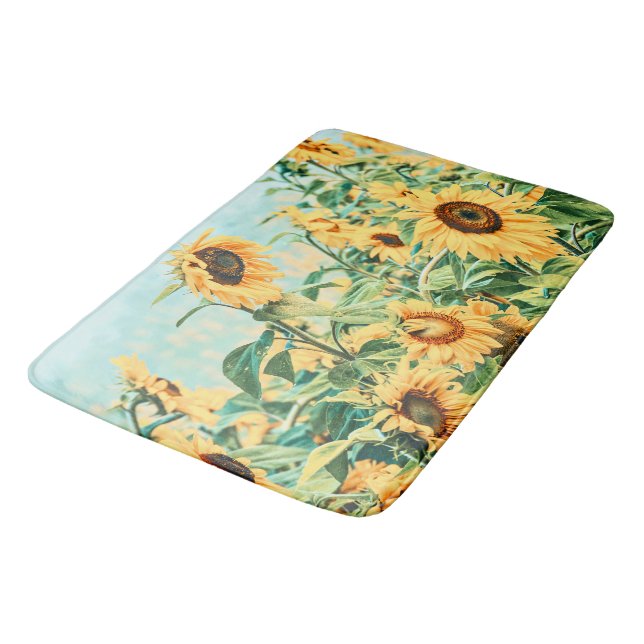 Sunflower Field Yellow Teal Floral Art Design Bath Mat (Angled)