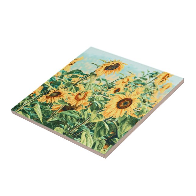 Sunflower Field Yellow Teal Floral Art Design Ceramic Tile (Side)