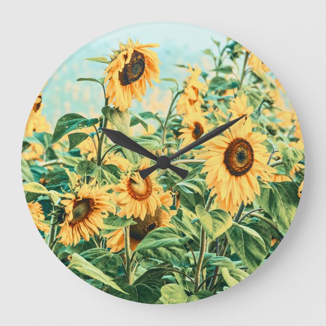 Sunflower Field Yellow Teal Floral Art Design Large Clock (Front)