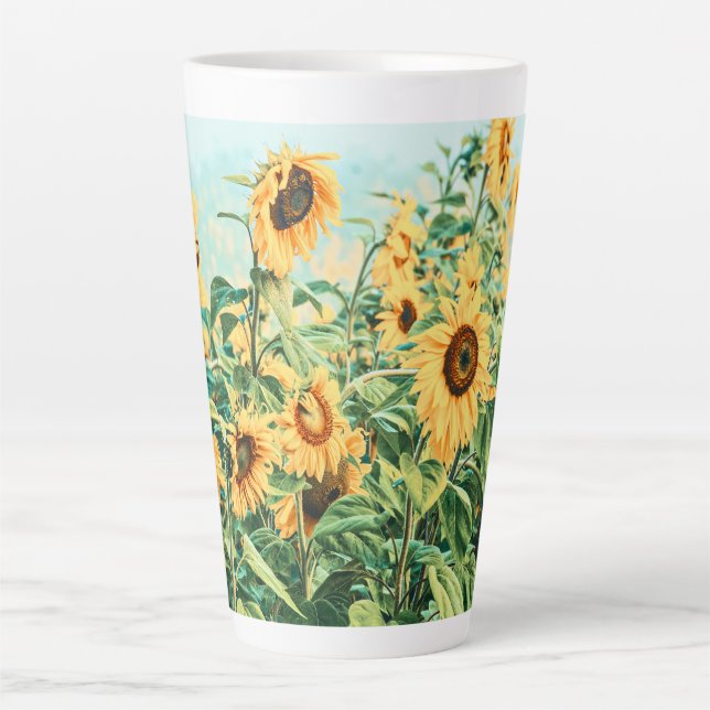Sunflower Field Yellow Teal Floral Art Design Latte Mug (Front)