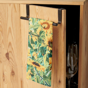 Sunflower Field Yellow Teal Floral Art Design Tea Towel