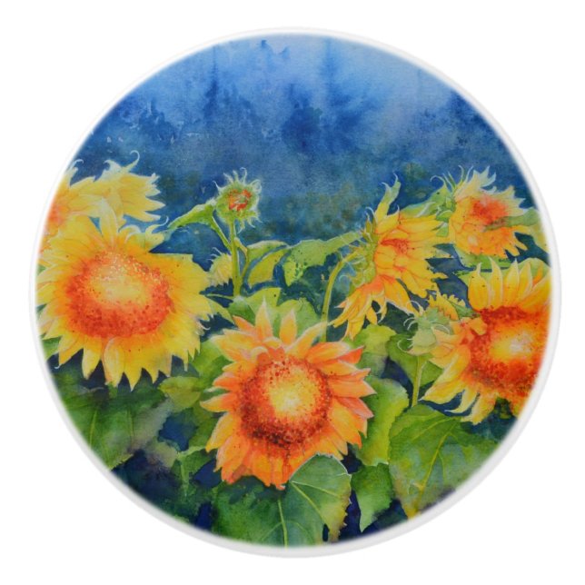 Sunflower fields orange yellow florals ceramic knob (Front)
