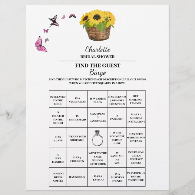Sunflower Find The Guest Bridal Shower Bingo  Flyer (Front)