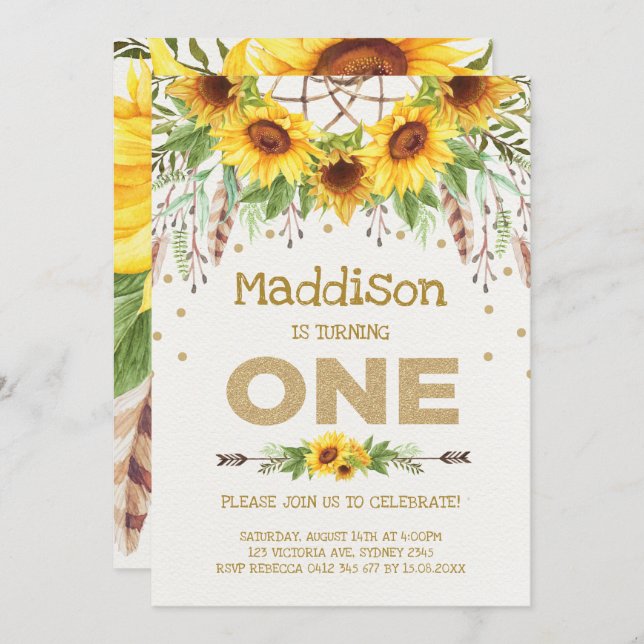 Sunflower First Birthday Invite Boho Queen Bee (Front/Back)