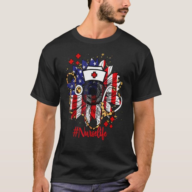 Sunflower Flag Stethoscope Nurse Life 4th Of July  T-Shirt (Front)
