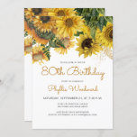 Sunflower Floral 80th Birthday Party Invitation<br><div class="desc">This elegant 80th birthday invitation features a floral top border of yellow sunflowers and green leaves. . The words "80th Birthday" and the name of the guest of honour appear in orange-yellow casual handwriting script, with the rest of the customisable text in charcoal grey sans serif font. The floral design...</div>