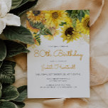 Sunflower Floral 80th Birthday Party Invitation<br><div class="desc">This elegant 80th birthday invitation features a floral top border of yellow sunflowers and green leaves. . The words "80th Birthday" and the name of the guest of honour appear in orange-yellow casual handwriting script, with the rest of the customisable text in charcoal grey sans serif font. The floral design...</div>