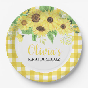 Sunflower Floral and Plaid Summer First Birthday Paper Plate