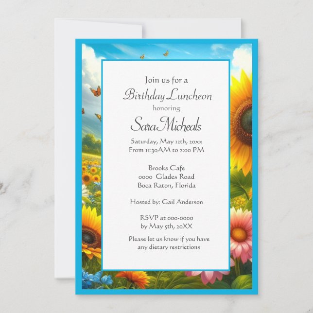 Sunflower Floral  Birthday Lunch  Invitation (Front)