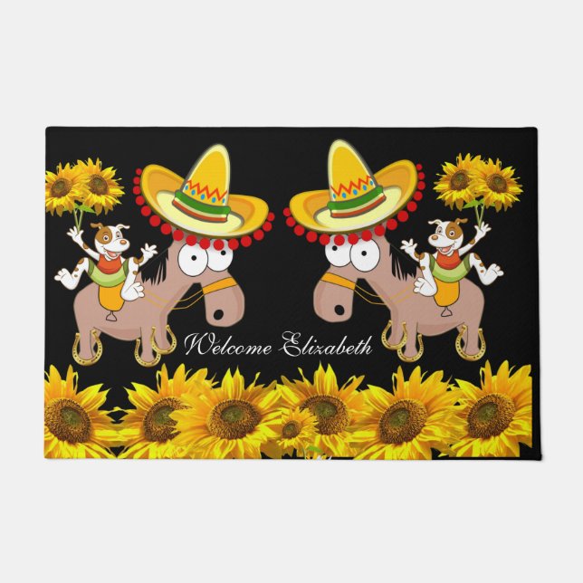 Sunflower Floral Black Horse  Door Mat (Front)