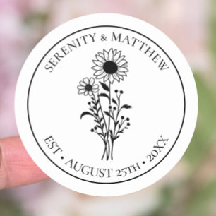 Sunflower Floral Black White Just Married Wedding  Classic Round Sticker
