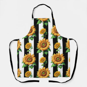 Sunflower Floral Black White Stripes Apron