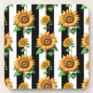 Sunflower Floral Black White Stripes Coaster