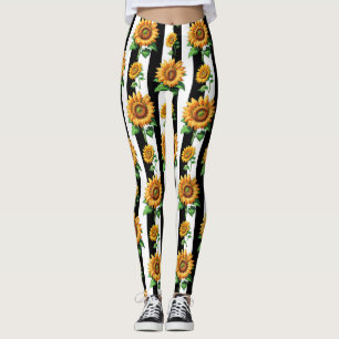 Sunflower Floral Black White Stripes Leggings