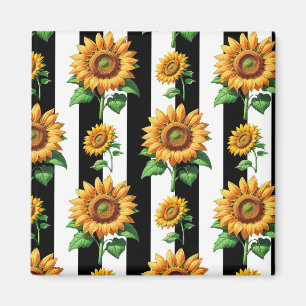 Sunflower Floral Black White Stripes Magnet