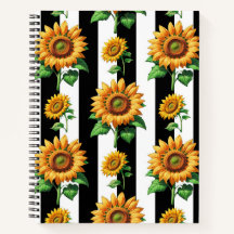 Sunflower Floral Black White Stripes 