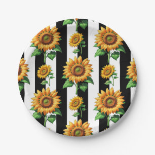Sunflower Floral Black White Stripes Paper Plate