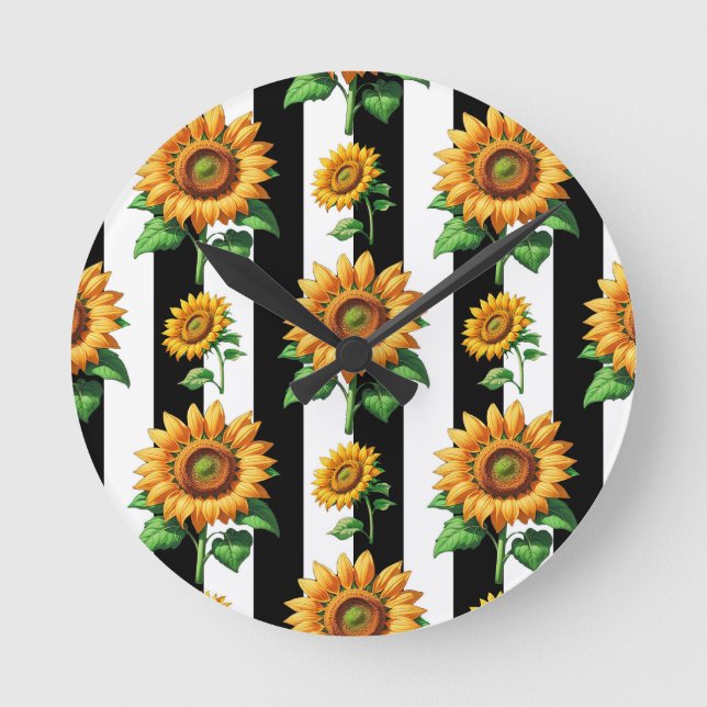 Sunflower Floral Black White Stripes  Round Clock (Front)