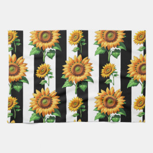 Sunflower Floral Black White Stripes Tea Towel