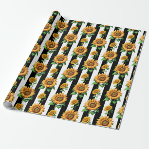 Sunflower Floral Black White Stripes Wrapping Paper
