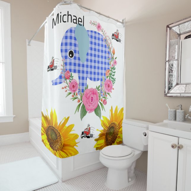 Sunflower Floral Blue Elephant Shower Curtain (In Situ)