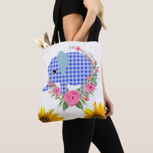 Sunflower Floral Blue Elephant Tote Bag
