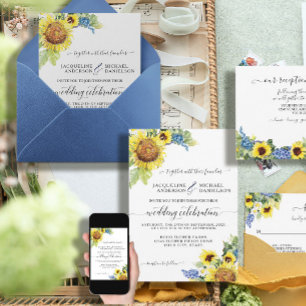 Sunflower Floral Blue Eucalyptus BOHO Chic Wedding Invitation