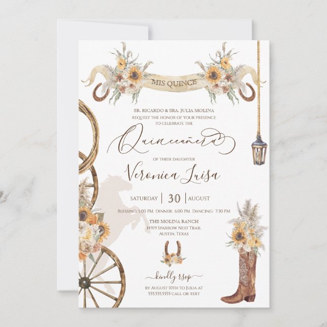 Sunflower Floral Boho Charro Quinceanera Rustic Invitation (Front)