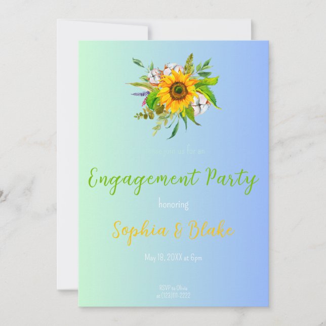 Sunflower Floral Bouquet Blue Engagement Party Invitation (Front)