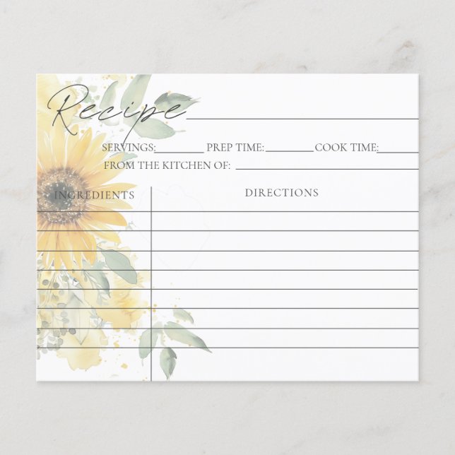 Sunflower Floral Bridal Shower Recipe Cards (Front)