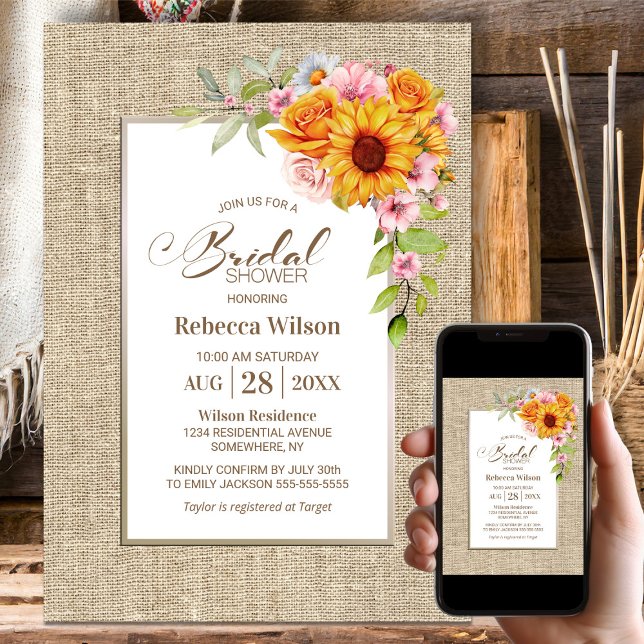 Sunflower Floral Burlap Bridal Shower Invitation (Creator Uploaded)