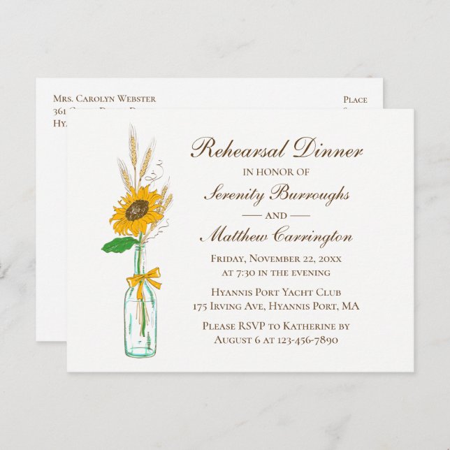 Sunflower Floral Country Wedding Rehearsal Dinner  Invitation Postcard (Front/Back)