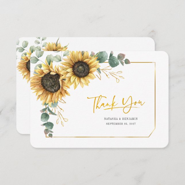 Sunflower Floral Eucalyptpus Greenery Wedding Thank You Card (Front/Back)
