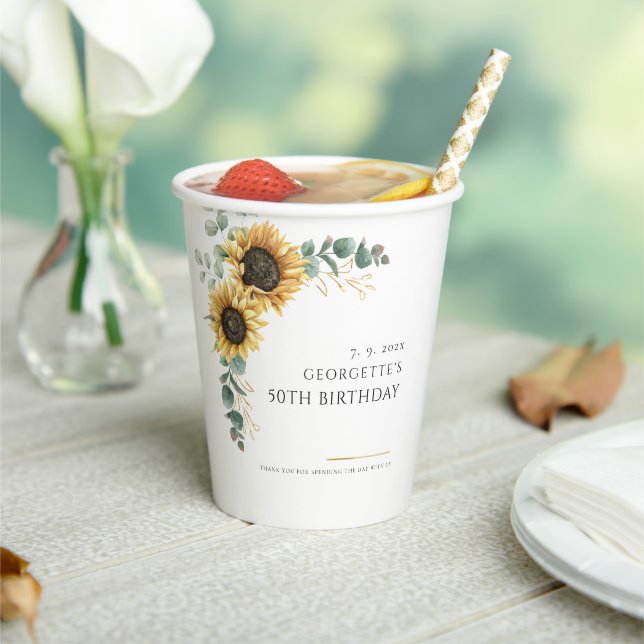 Sunflower Floral Eucalyptus 50th Birthday Party Paper Cups (Insitu)