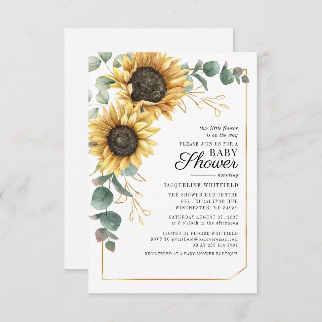 Sunflower Floral Eucalyptus Botanical Baby Shower Invitation (Front/Back)