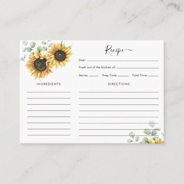 Sunflower Floral Eucalyptus Bridal Shower Recipe Enclosure Card (Front)