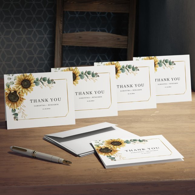 Sunflower Floral Eucalyptus Wedding Thank You Card (Floral Sunflower Greenery Watercolor Wedding Thank You Folded Card)